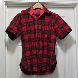 Vintage Pendleton Men's Wool Red Multi Color Short Sleeve Plaid‎ Shirt Size L